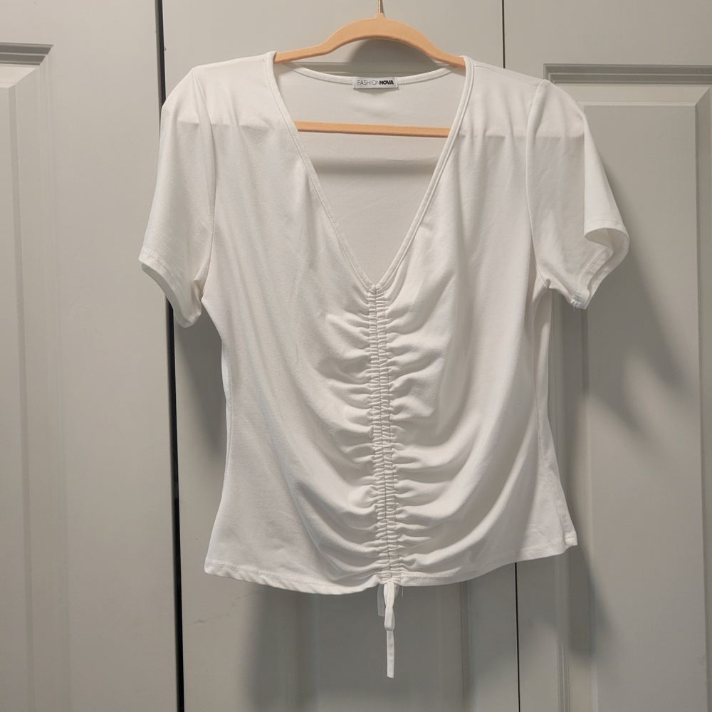 Fashion Nova Ivory Ruched V-Neck Top